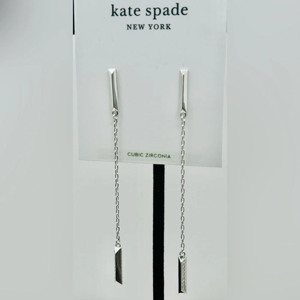 KATE SPADE Raise The Bar Pave’ Linear Drop Silver Tone Earrings NWT